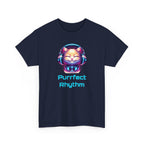 a cat with headphones on, neon pink and blue colors, with the text 'purrfect rhythm'