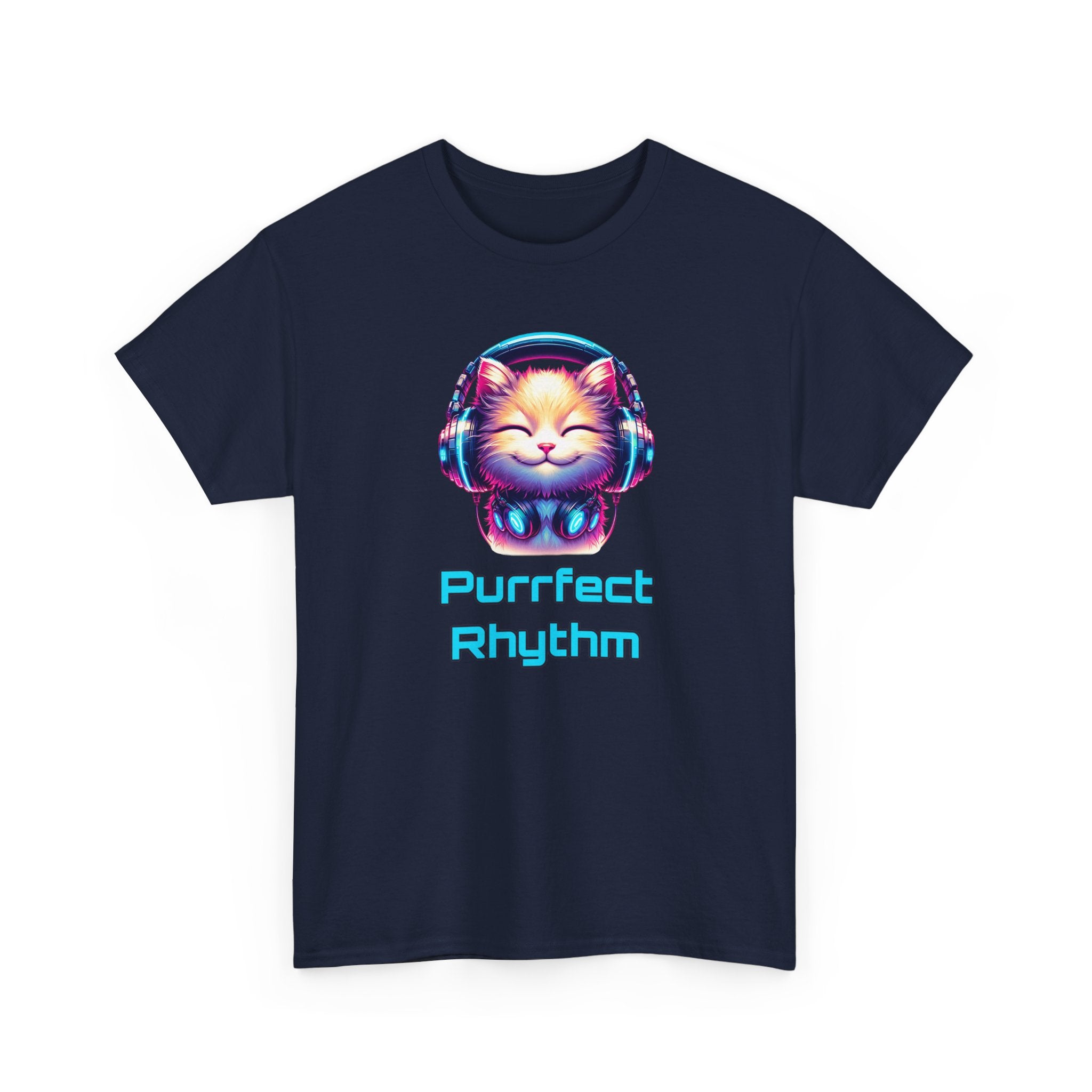 a cat with headphones on, neon pink and blue colors, with the text 'purrfect rhythm'