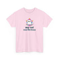 Pink t-shirt with a cat graphic and text on a white background