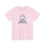 Pink t-shirt with a cat graphic and text on a white background