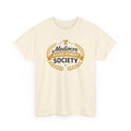 Beige t-shirt with funny 'Mediocre Achievement Society' text and design on a white background