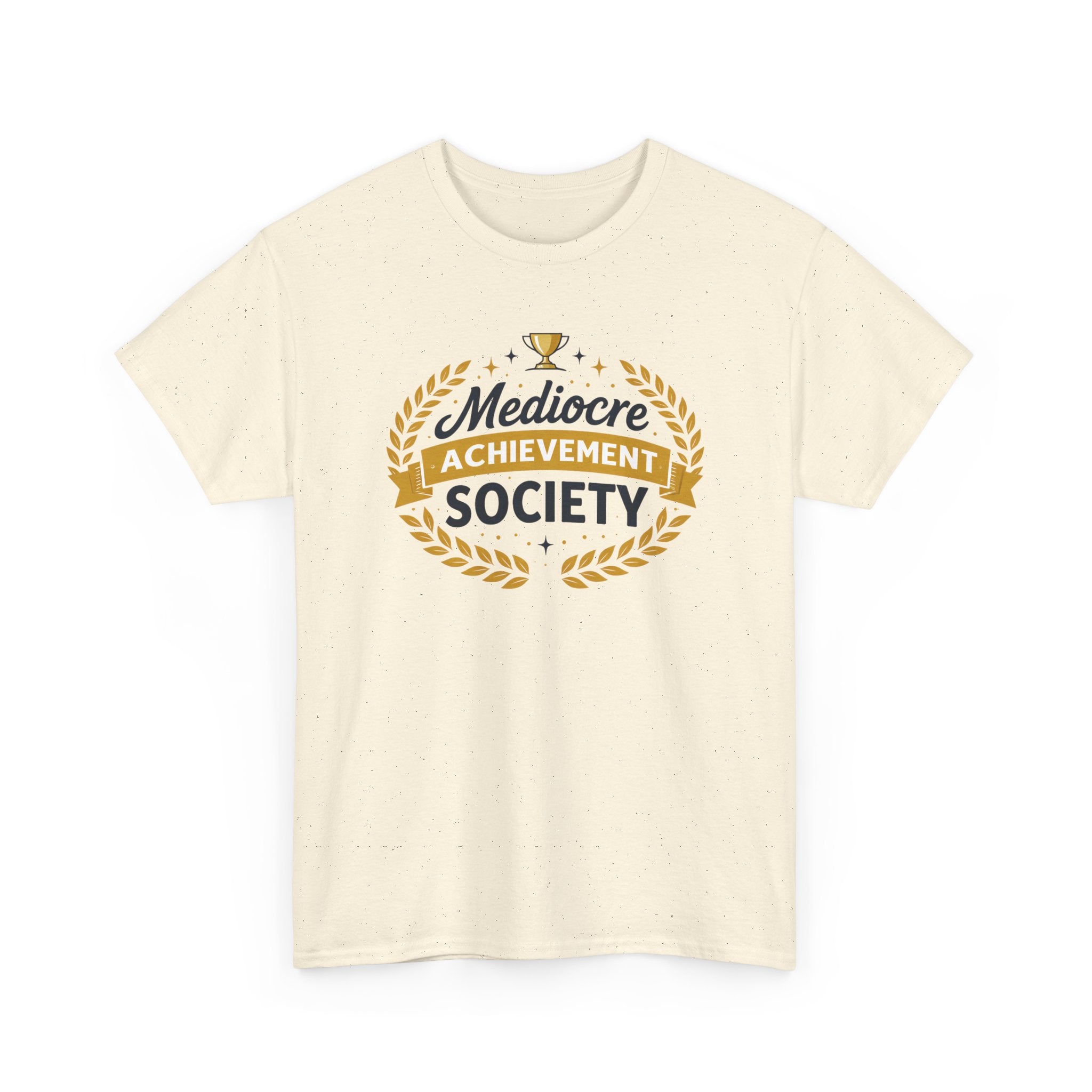 Beige t-shirt with funny 'Mediocre Achievement Society' text and design on a white background