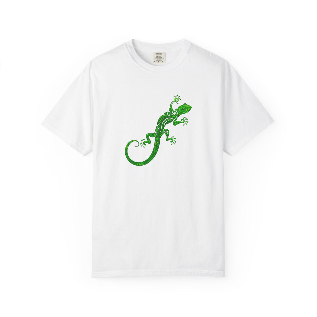 Vibrant green tribal-style gecko illustration with swirling decorative patterns on a white background.