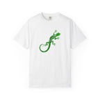 Vibrant green tribal-style gecko illustration with swirling decorative patterns on a white background.