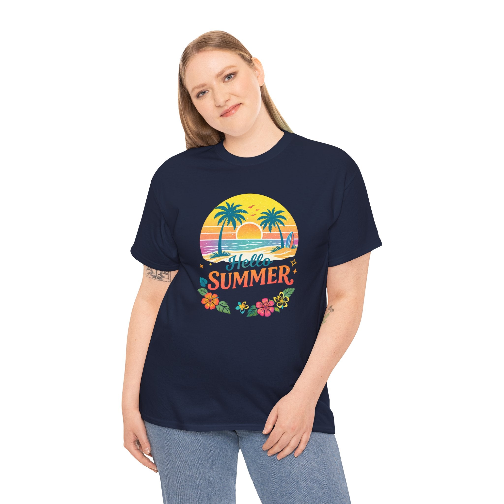 Hello Summer T-Shirt — Tropical Beach Palm Tree Graphic Tee