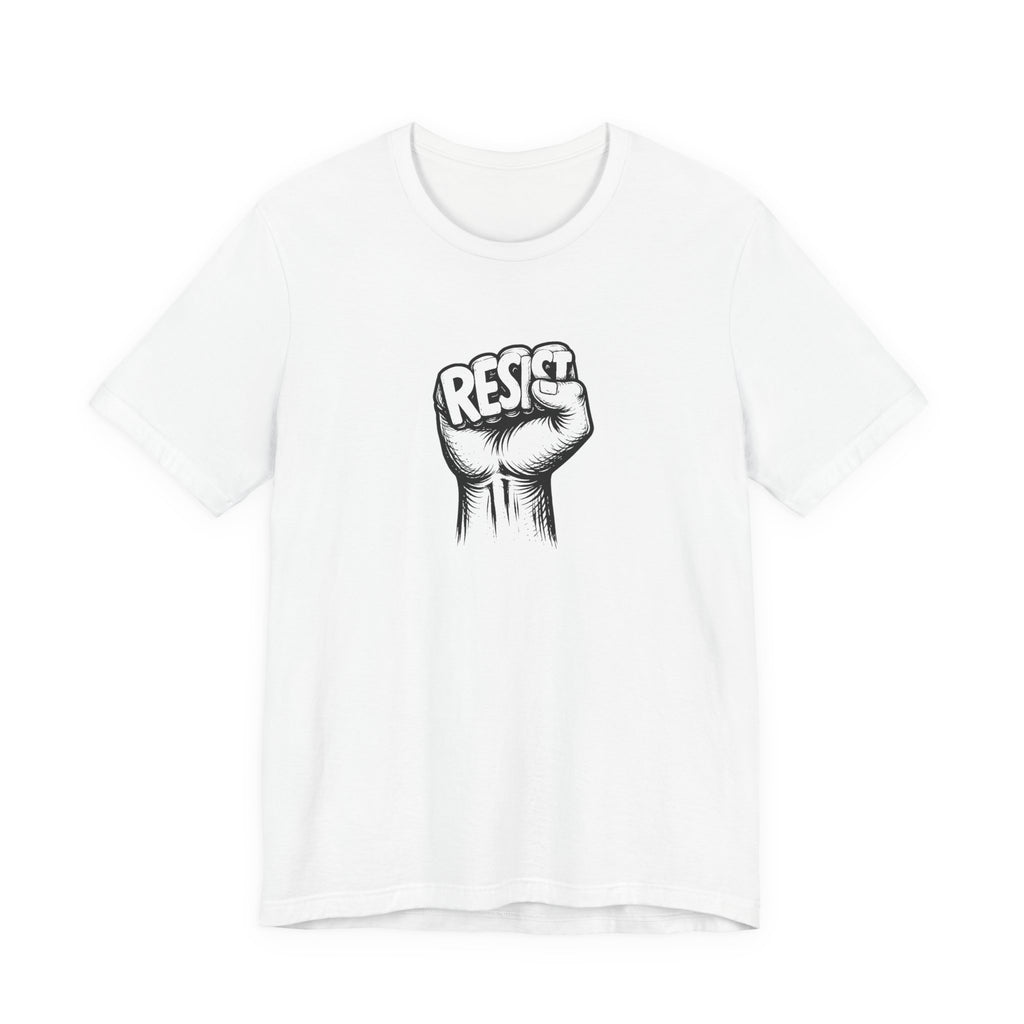 White t-shirt with a black fist graphic and 'RESIST' text on a white background