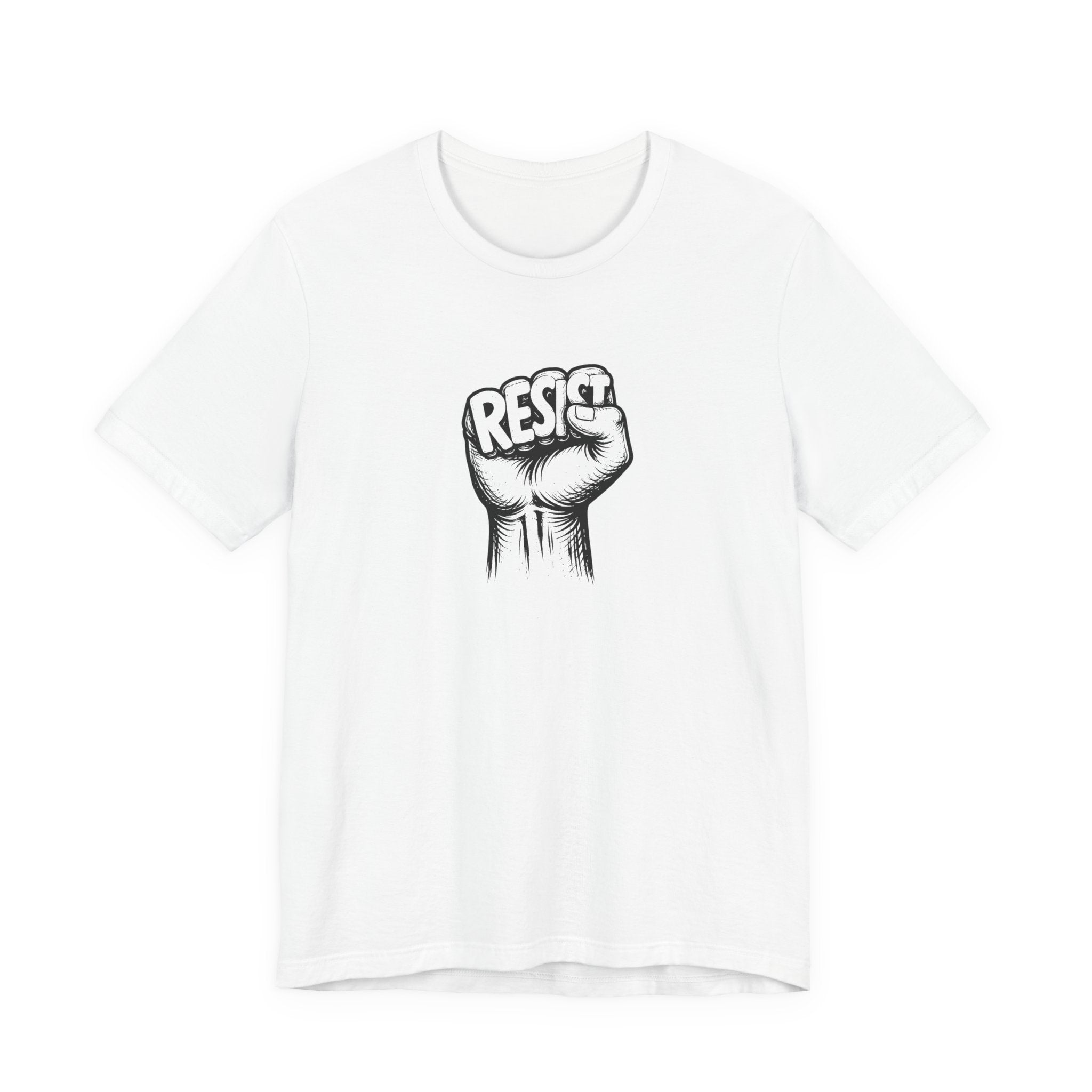 White t-shirt with a black fist graphic and 'RESIST' text on a white background