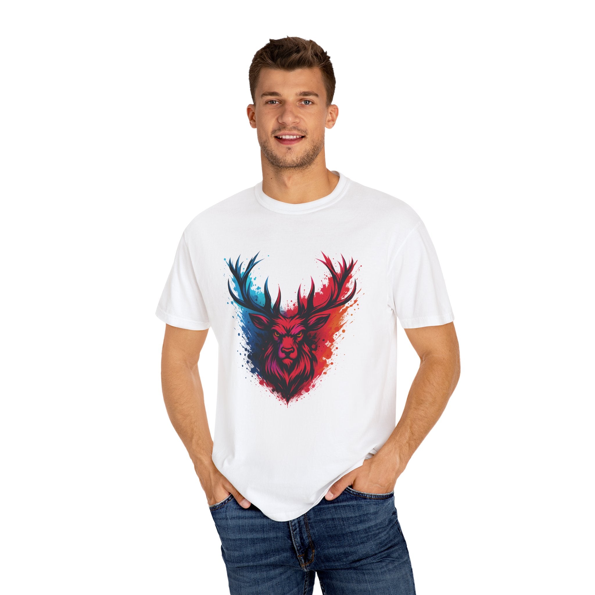 Stag Split-Color Splash T-Shirt — Red & Blue Deer Head Graphic