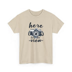 Hiking Tee — "Here for the View" Camera  And Mountain Graphic Shirt