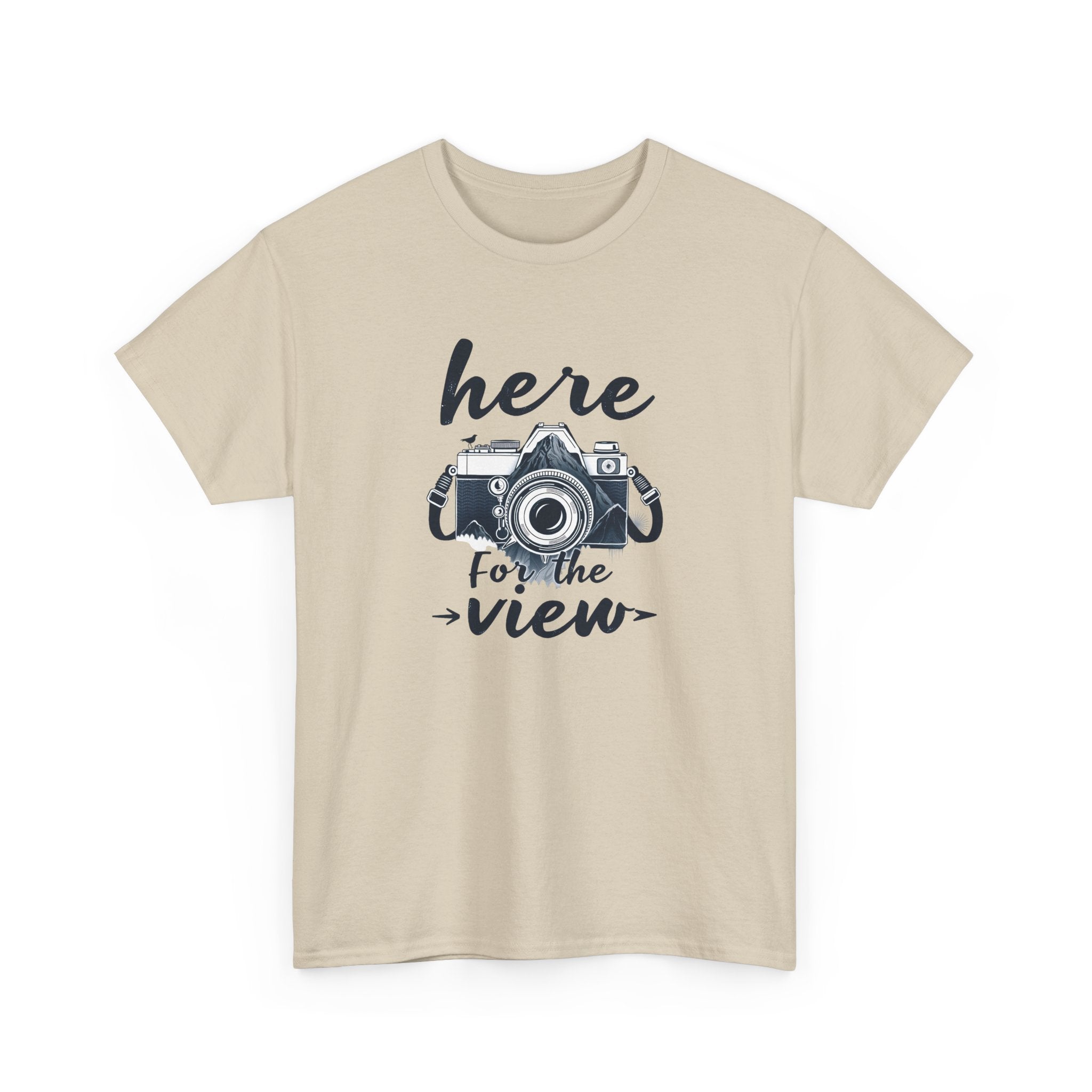 Hiking Tee — "Here for the View" Camera  And Mountain Graphic Shirt