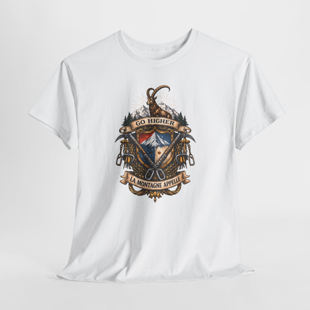 Adventure Crest T-Shirt — "Go Higher" Mountain Climbing Graphic Tee