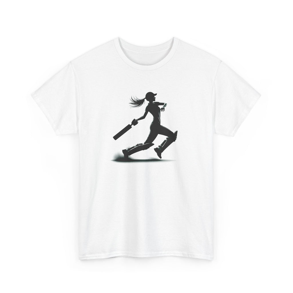 White t-shirt with a black silhouette of a person playing cricket design on a white background