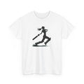 White t-shirt with a black silhouette of a person playing cricket design on a white background