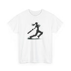 White t-shirt with a black silhouette of a person playing cricket design on a white background