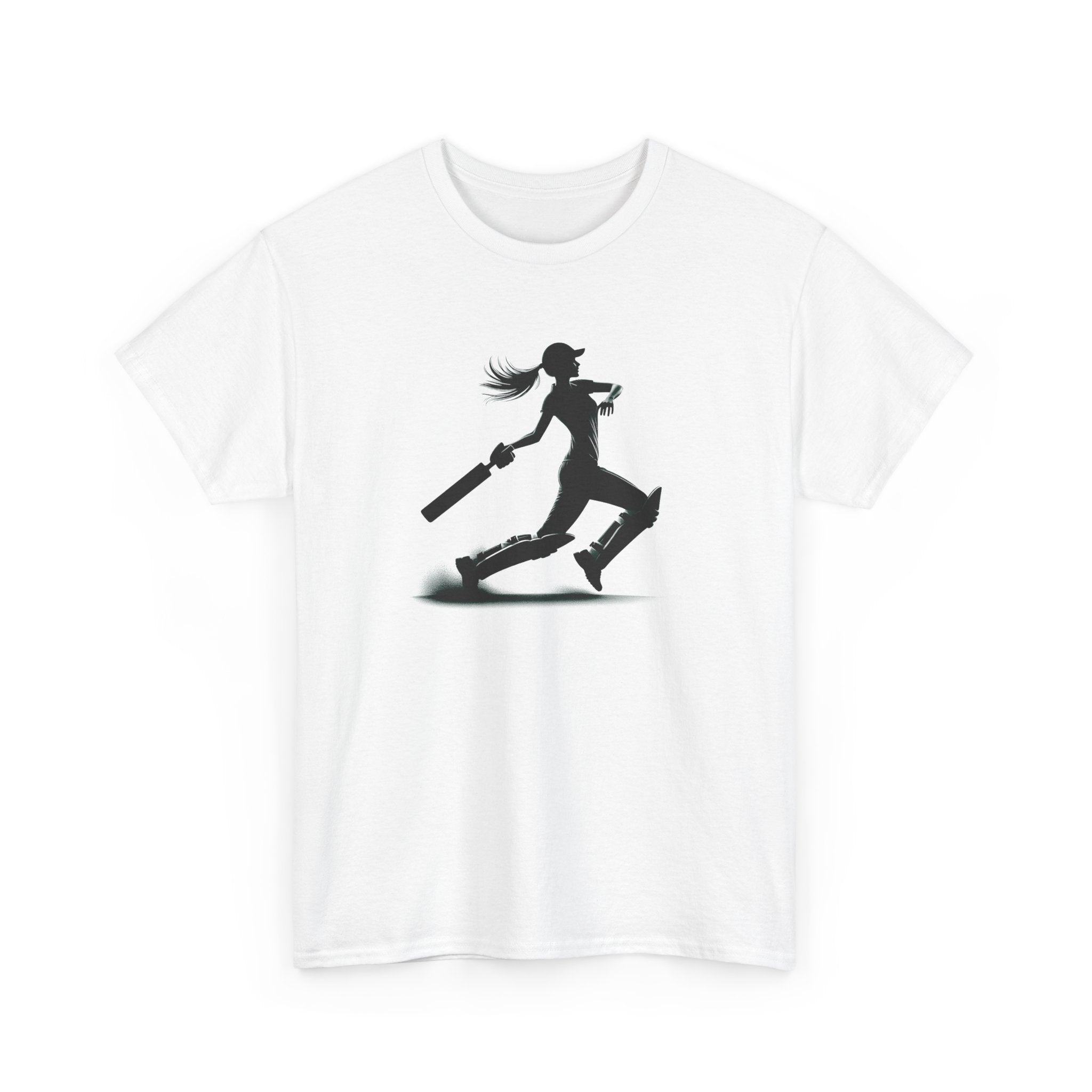 White t-shirt with a black silhouette of a person playing cricket design on a white background