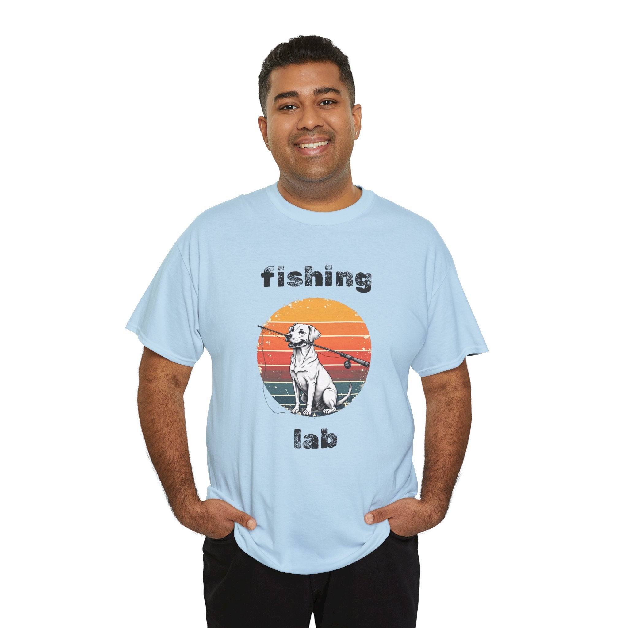 Fishing Lab T-Shirt — Retro Sunset Labrador Fishing Tee for Dog Lovers