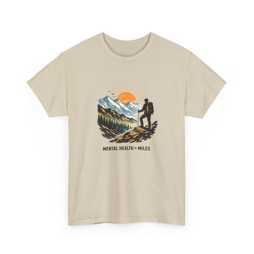 Hiking Graphic Tee — "Mental Health > Miles" Mountain Sunset Shirt