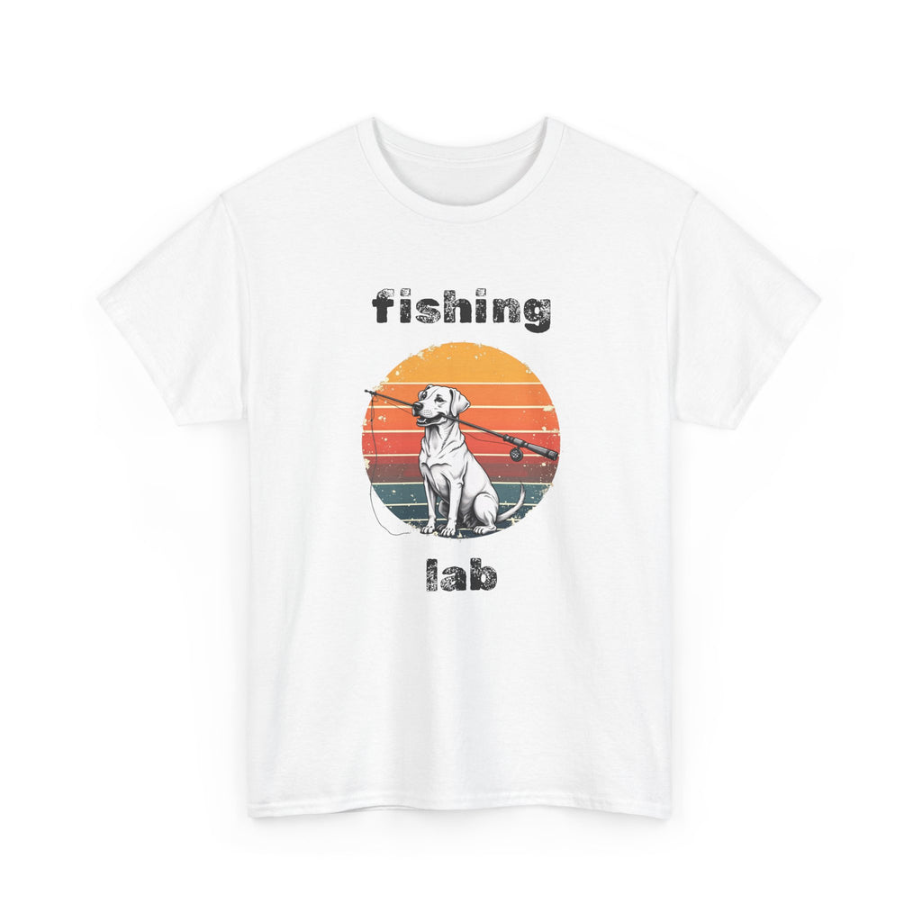 Fishing Lab T-Shirt — Retro Sunset Labrador Fishing Tee for Dog Lovers