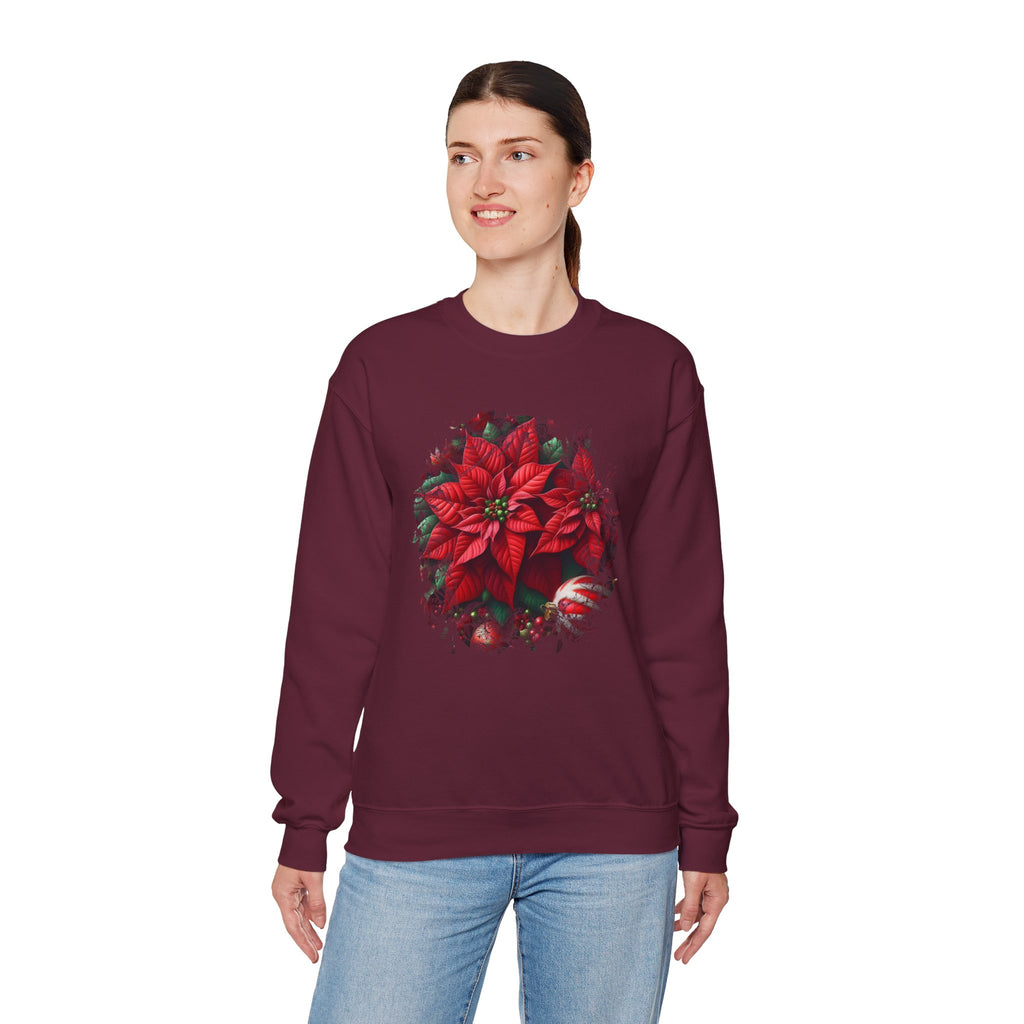 Poinsettia Wreath Crewneck Sweatshirt — Holiday Floral Christmas Sweater