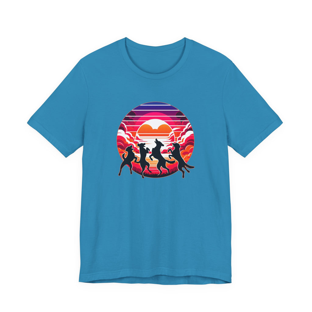 Retro Sunset Dancing Dogs T-Shirt — Vintage Rainbow Skyline Graphic Tee