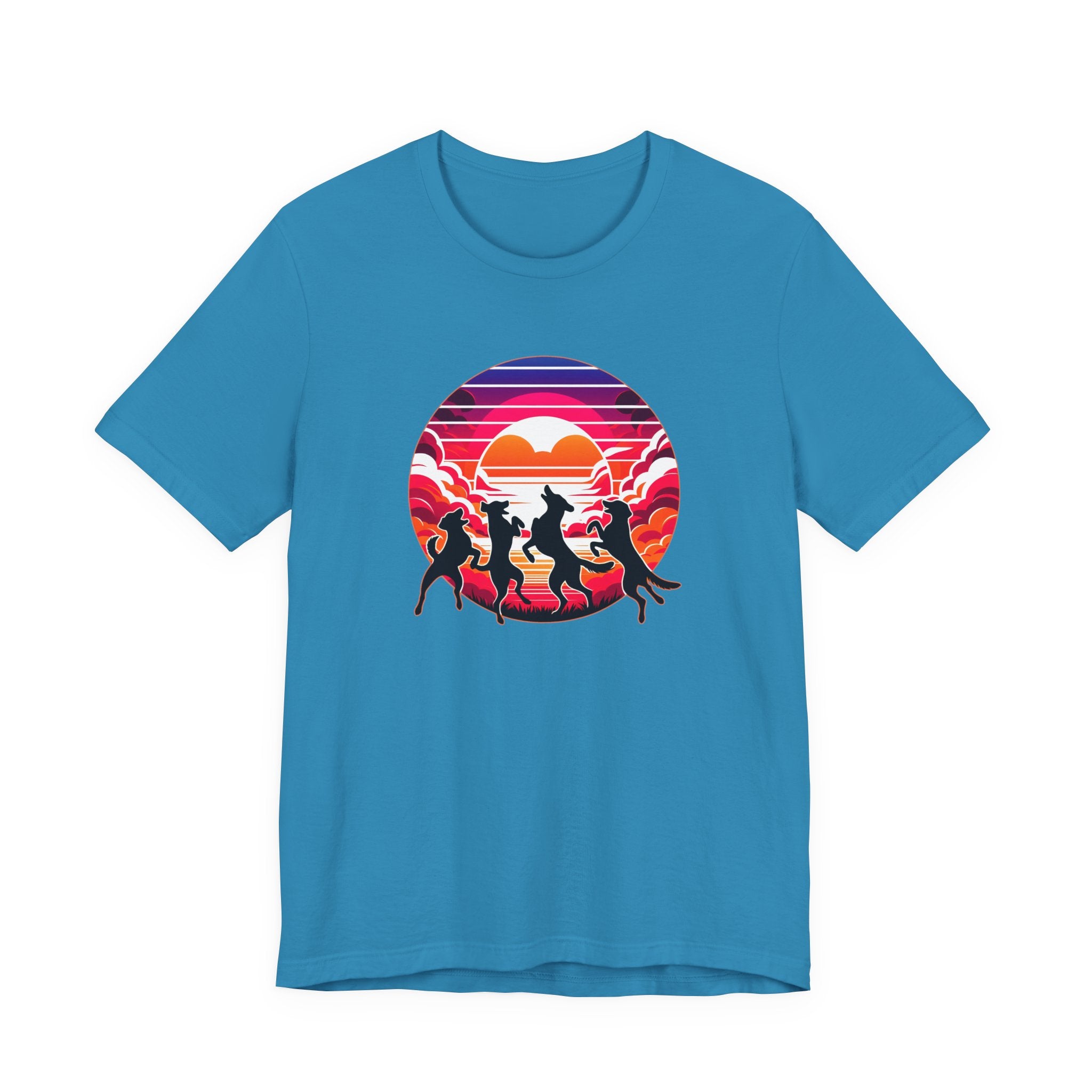 Retro Sunset Dancing Dogs T-Shirt — Vintage Rainbow Skyline Graphic Tee