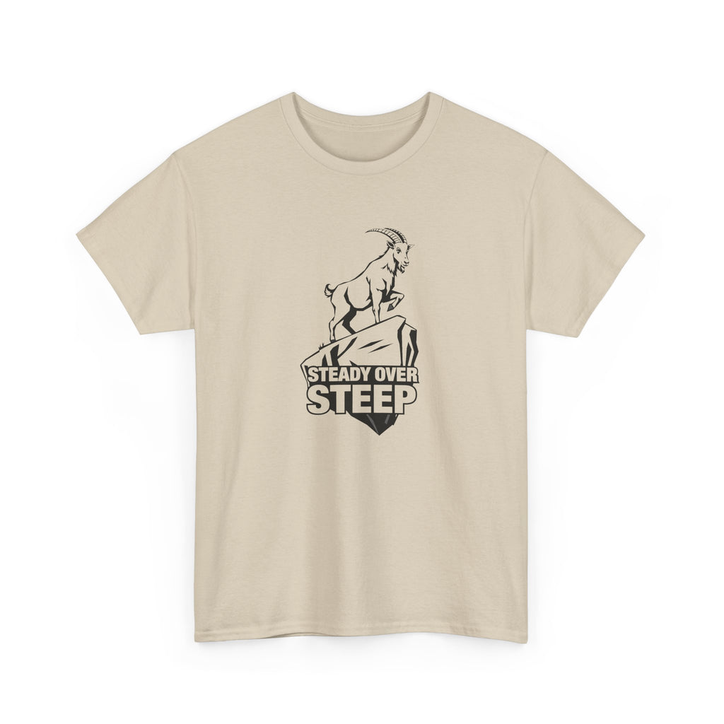 Steady Over Steep Mountain Goat T-Shirt — Motivational Hiking Logo Tee