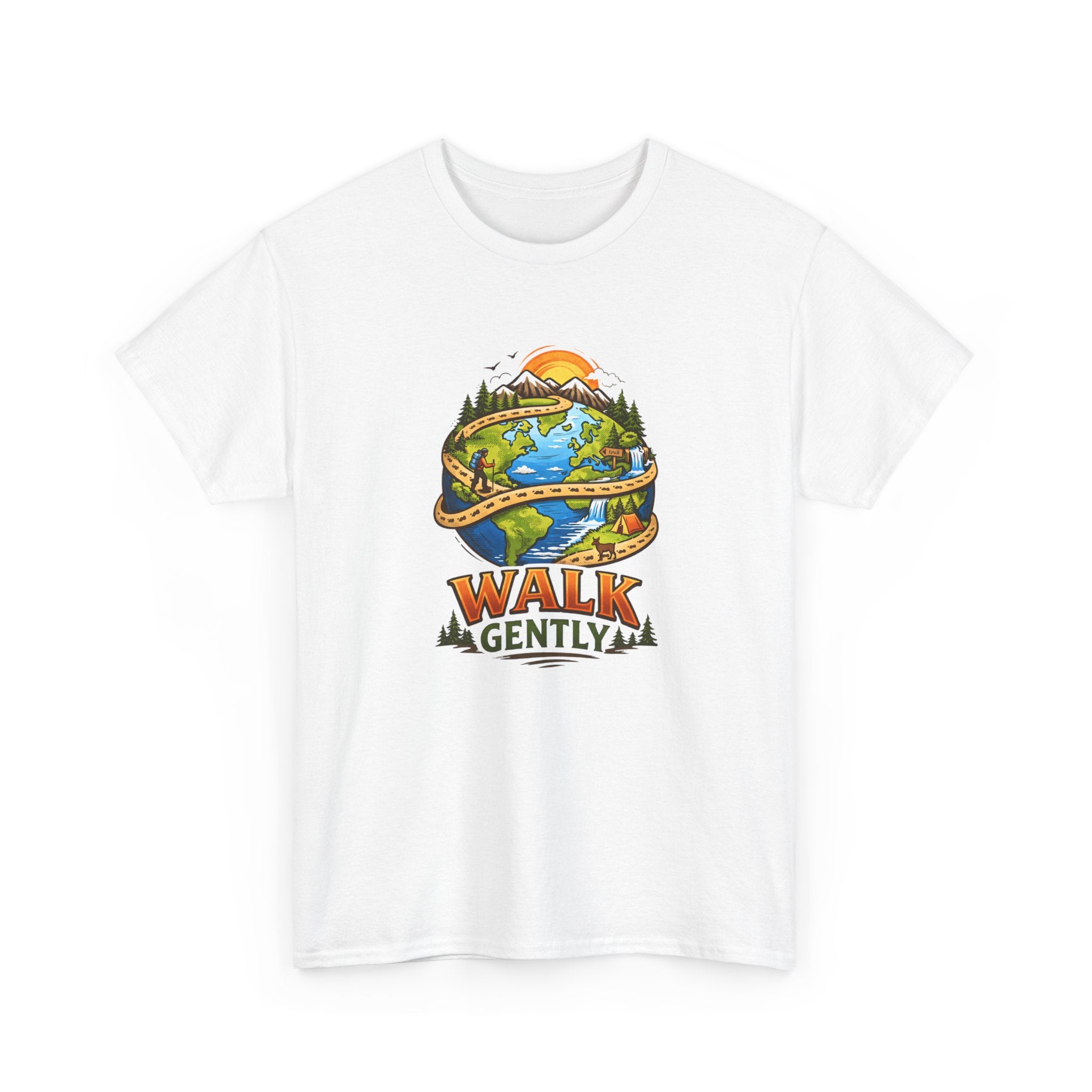 White t-shirt with 'Walk Gently' graphic design featuring nature elements on a white background