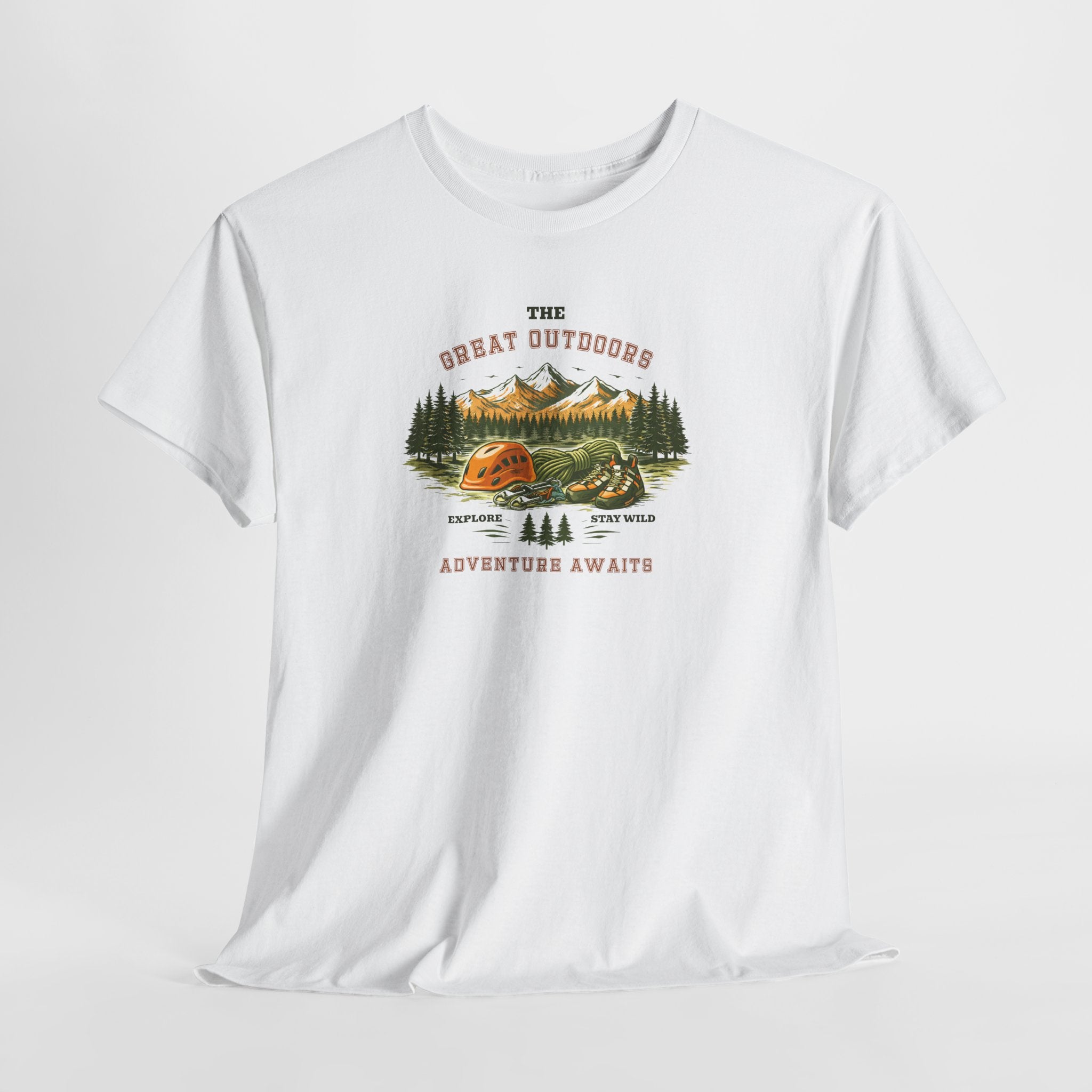 Rock Climbing Camping T-Shirt — "The Great Outdoors: Adventure Awaits" Graphic Tee