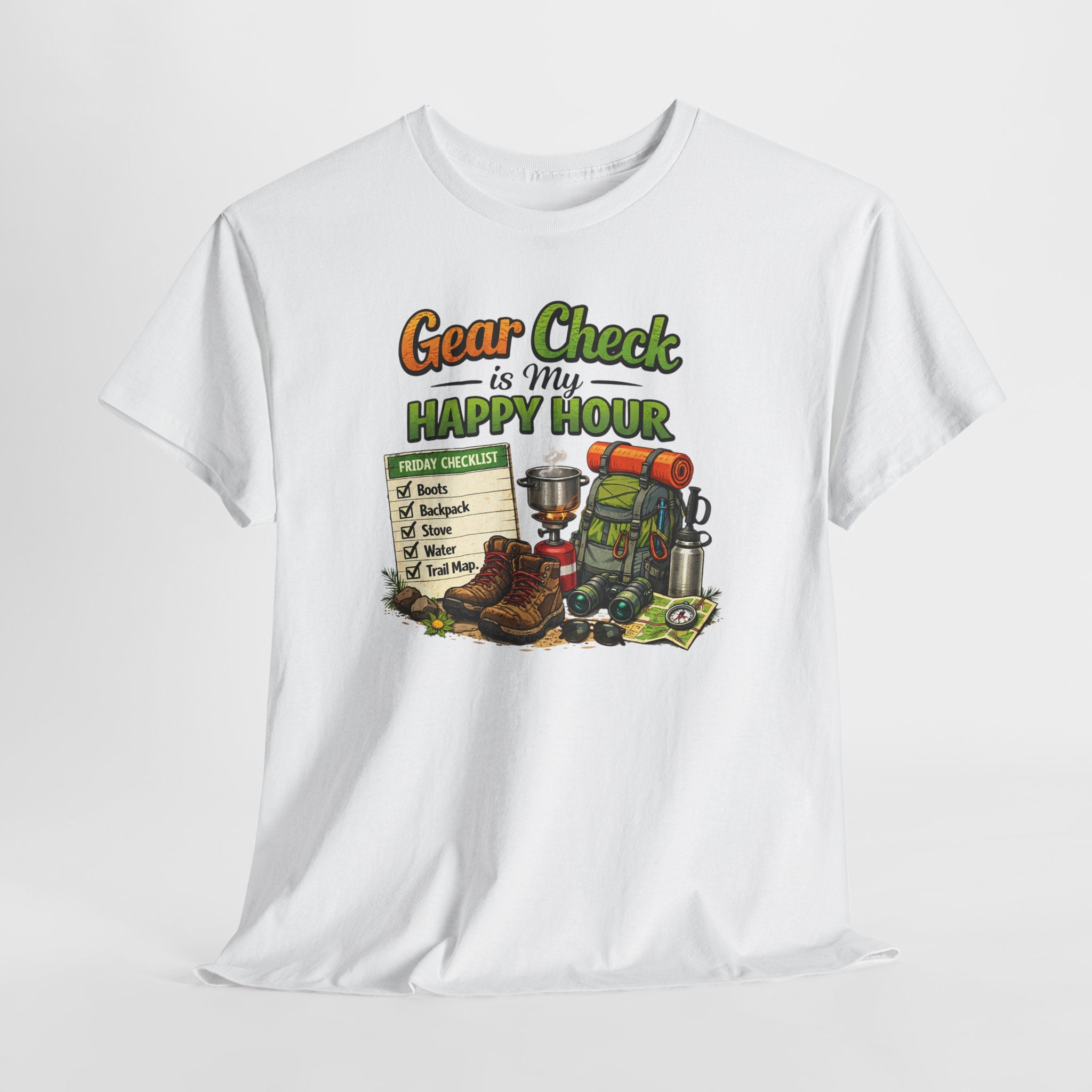 Camping Gear Check T-Shirt — "Gear Check is My Happy Hour" Travel & Outdoor Tee