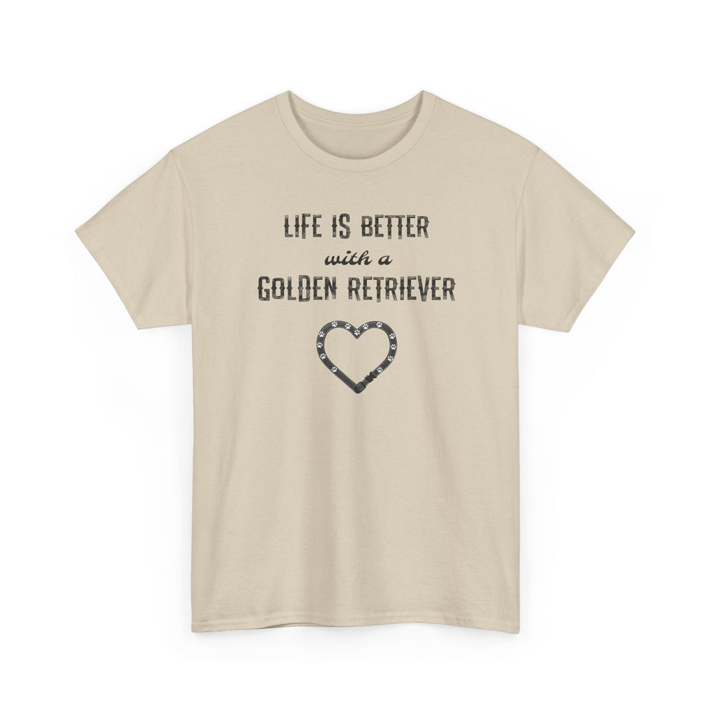 Beige t-shirt with text 'Life is better with a Golden Retriever' and heart design on a white background