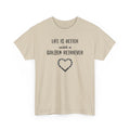 Beige t-shirt with text 'Life is better with a Golden Retriever' and heart design on a white background