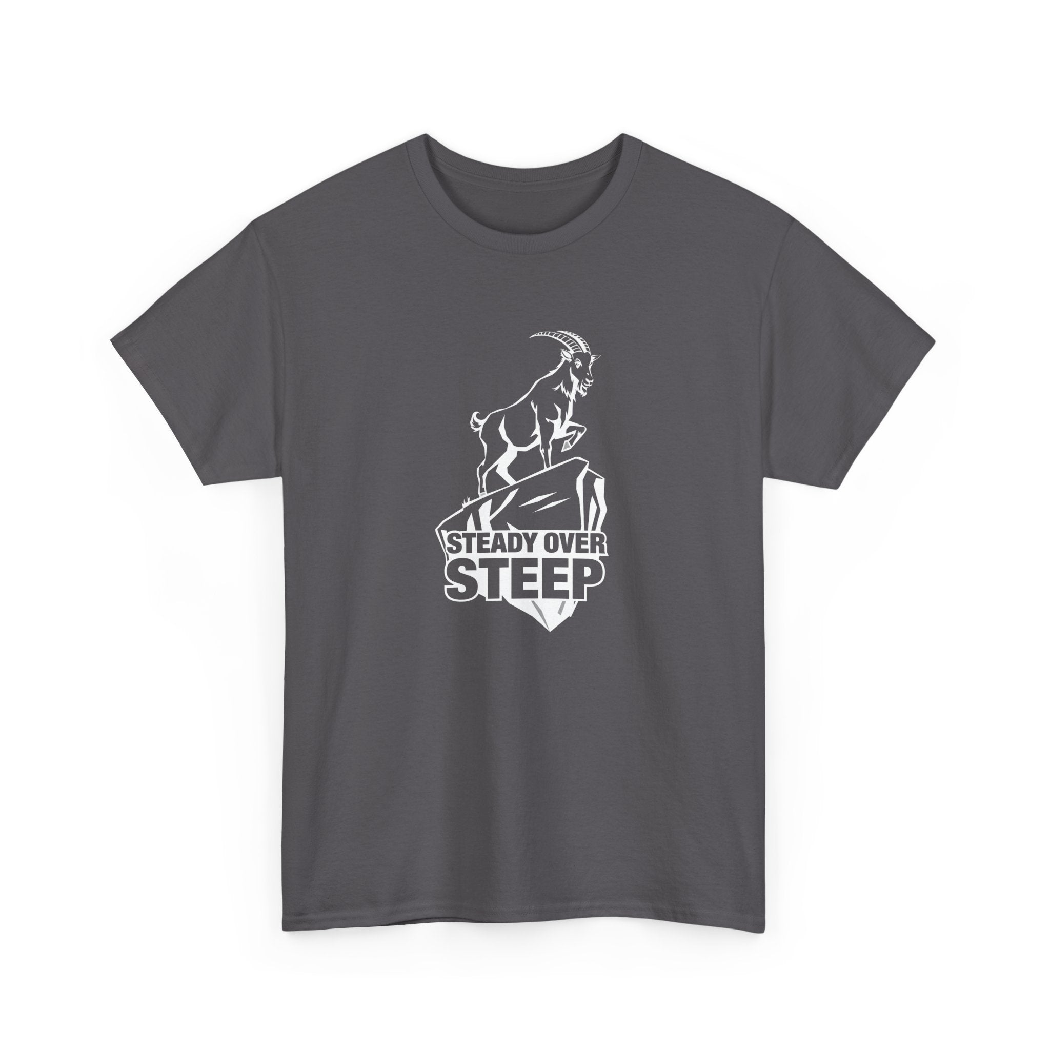 Steady Over Steep Mountain Goat T-Shirt — Motivational Hiking Logo Tee