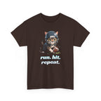 Funny Football Cat T-Shirt — "Run. Hit. Repeat." Cute Helmet Kitten Tee for Football Fans