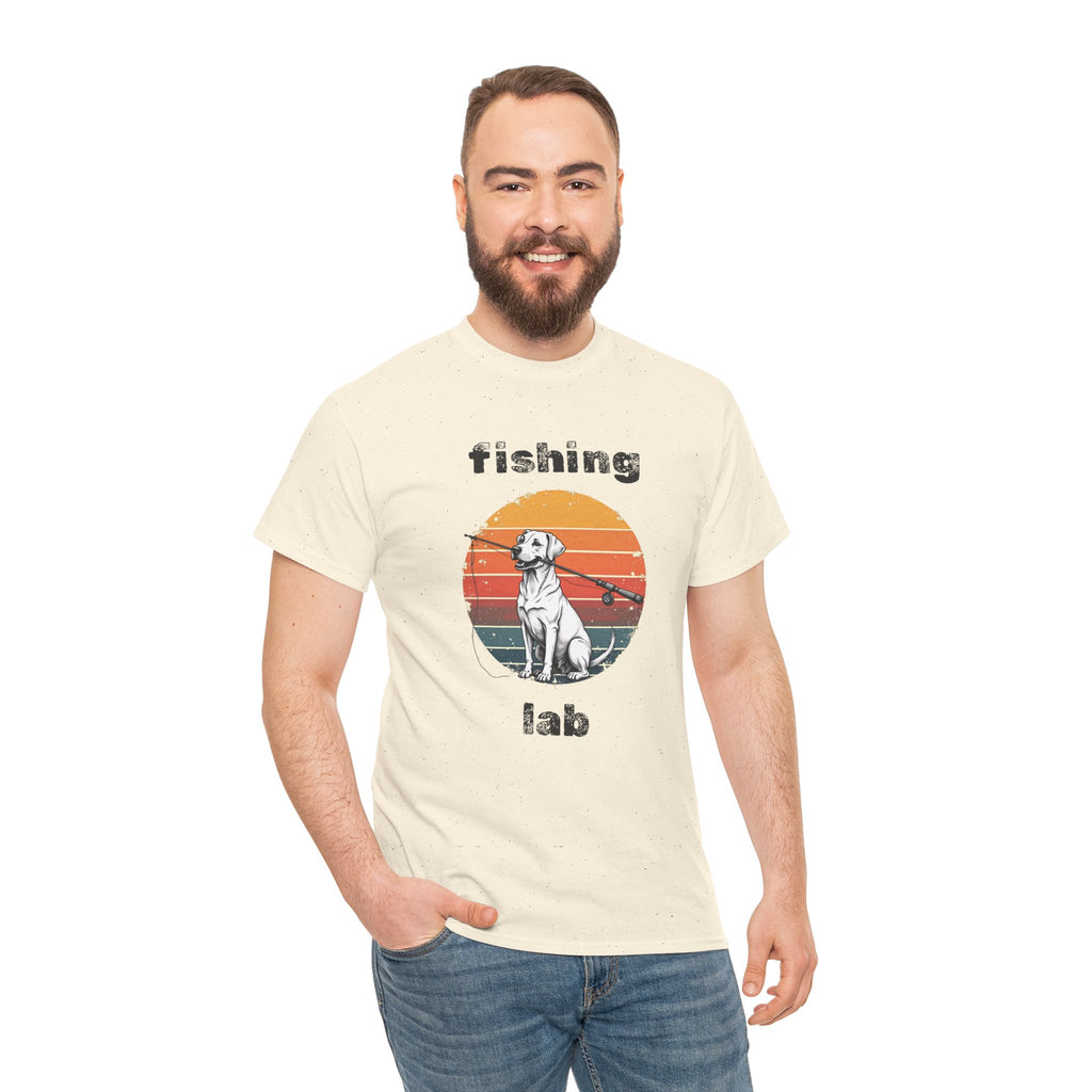 Fishing Lab T-Shirt — Retro Sunset Labrador Fishing Tee for Dog Lovers
