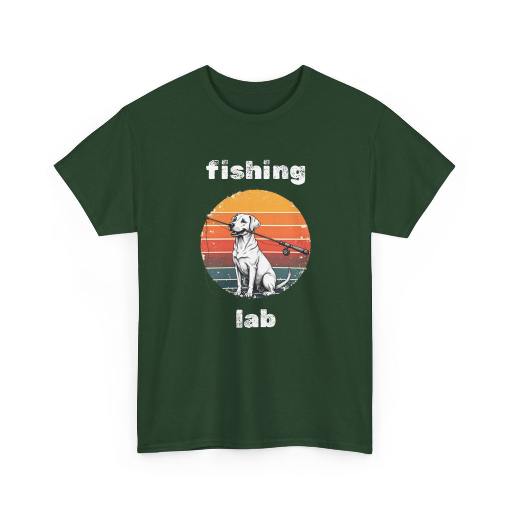 Fishing Lab T-Shirt — Retro Sunset Labrador Fishing Tee for Dog Lovers