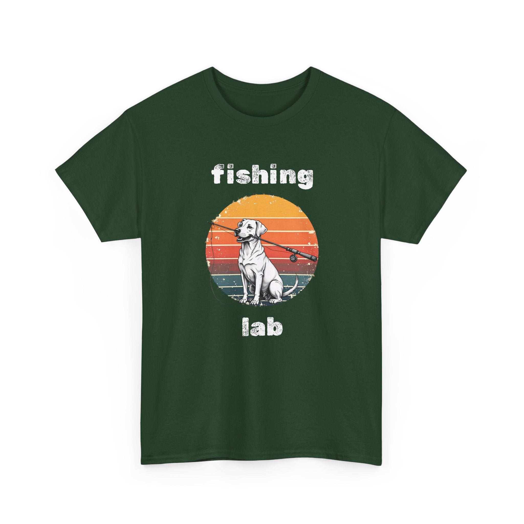 Fishing Lab T-Shirt — Retro Sunset Labrador Fishing Tee for Dog Lovers