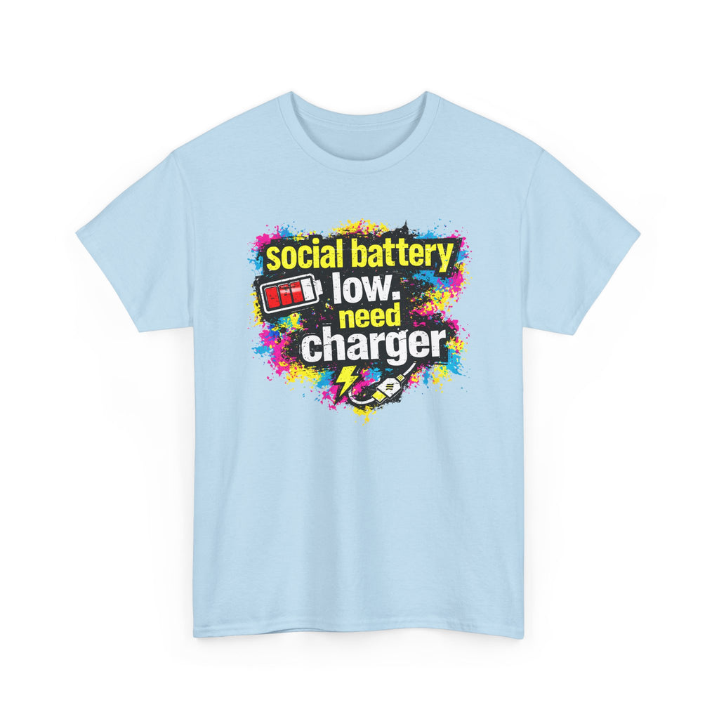Social Battery Low Need Charger T-Shirt — Funny Sarcastic Introvert Graphic Tee