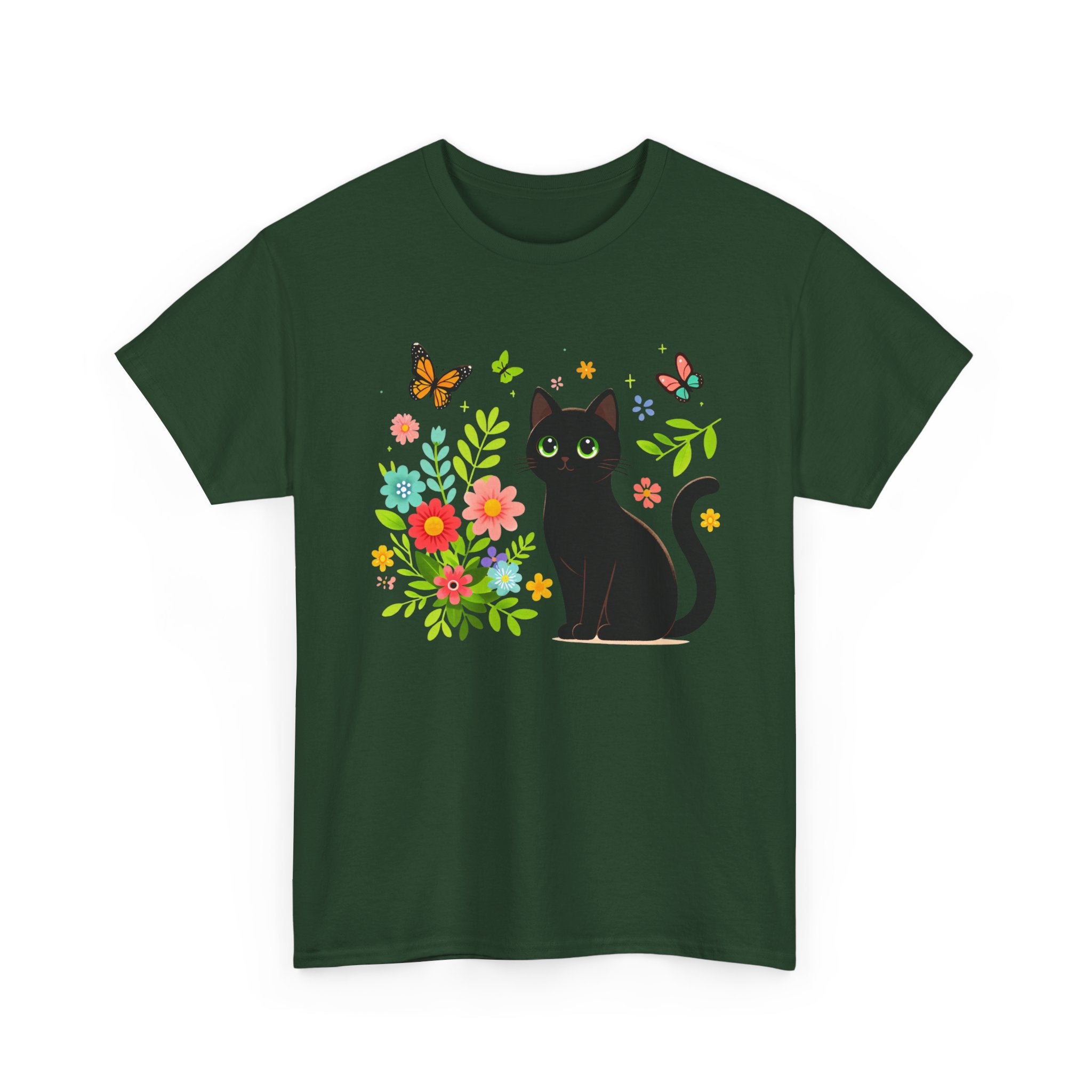 Black Cat Floral Tee - Cute Cat, Flowers & Butterflies Graphic T-Shirt