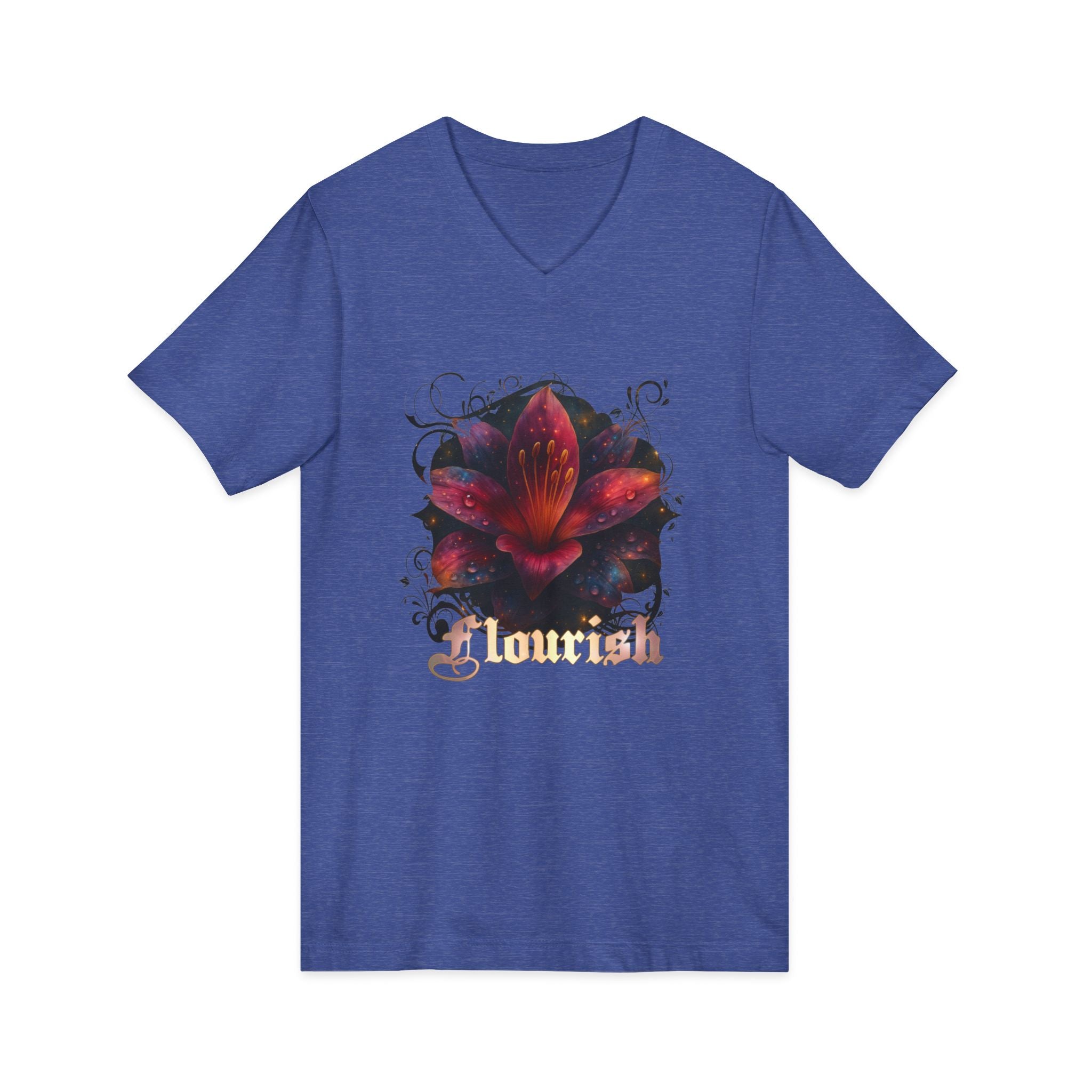 Floral Lily V‑Neck Tee – Dark Garden Bloom Graphic Shirt 'Flourish'