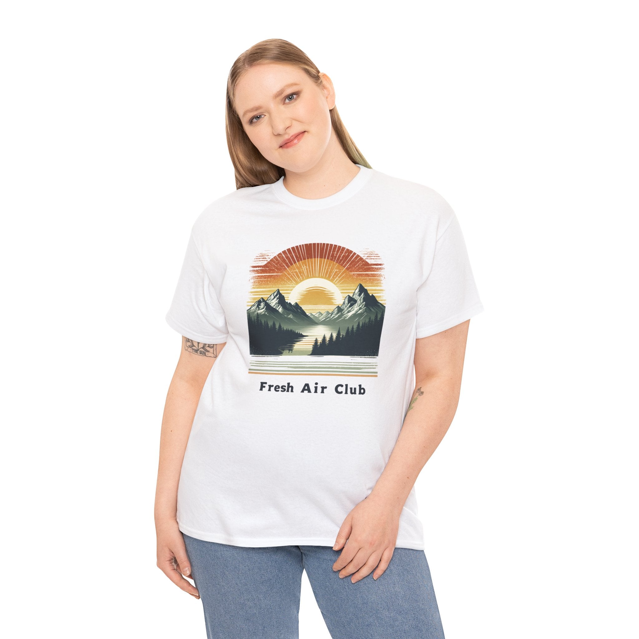 Fresh Air Club Mountain Sunset T-Shirt — Retro Outdoor Adventure Tee