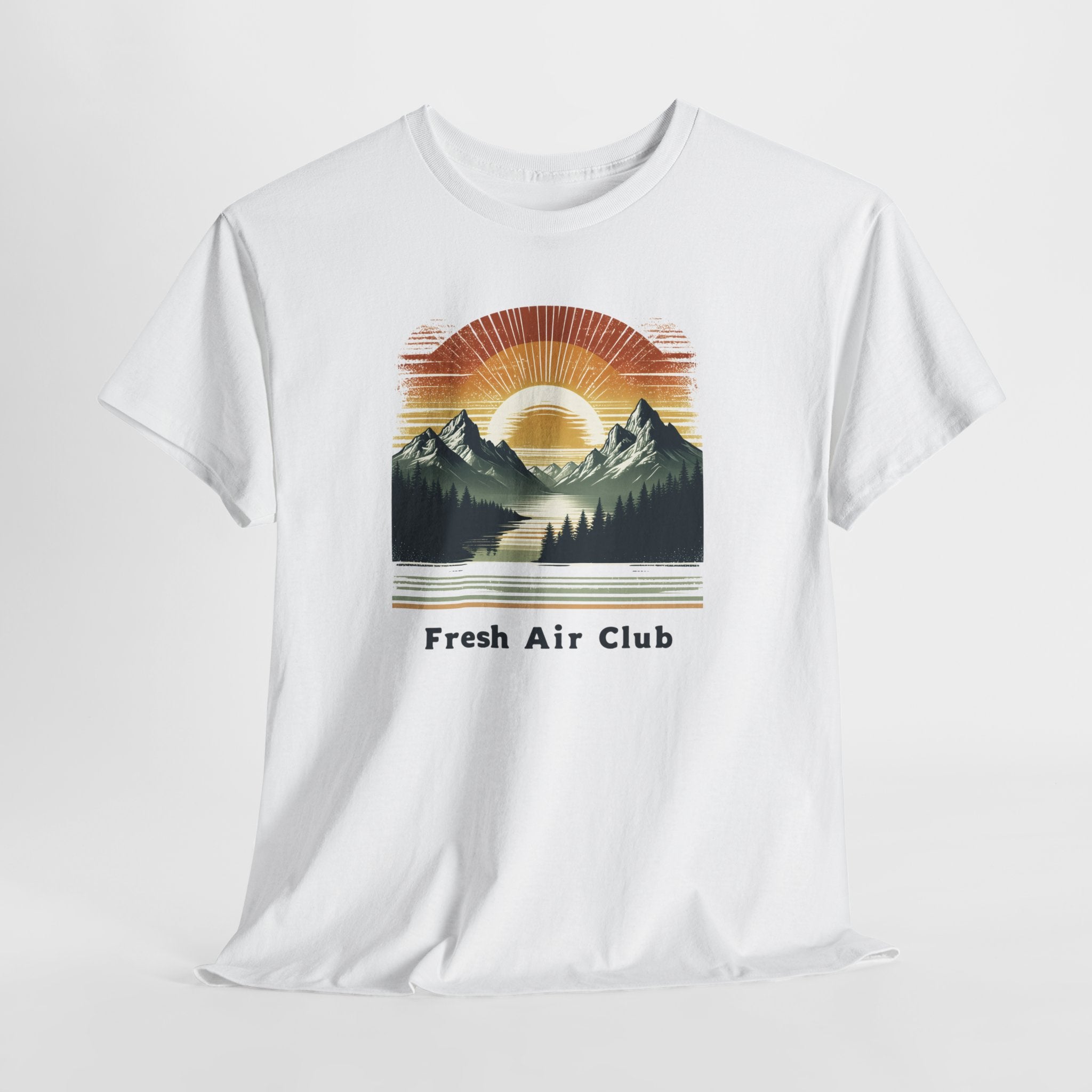 Fresh Air Club Mountain Sunset T-Shirt — Retro Outdoor Adventure Tee
