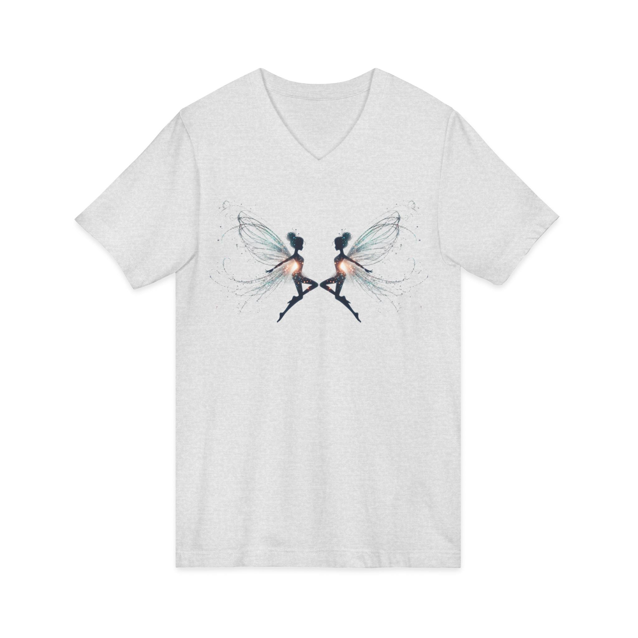 Fairy Mirror V-Neck Tee — Ethereal Twin Fairy Graphic Shirt