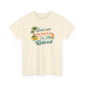 Beige t-shirt with beach graphics and the text 'don't care what time it is i'm retired'