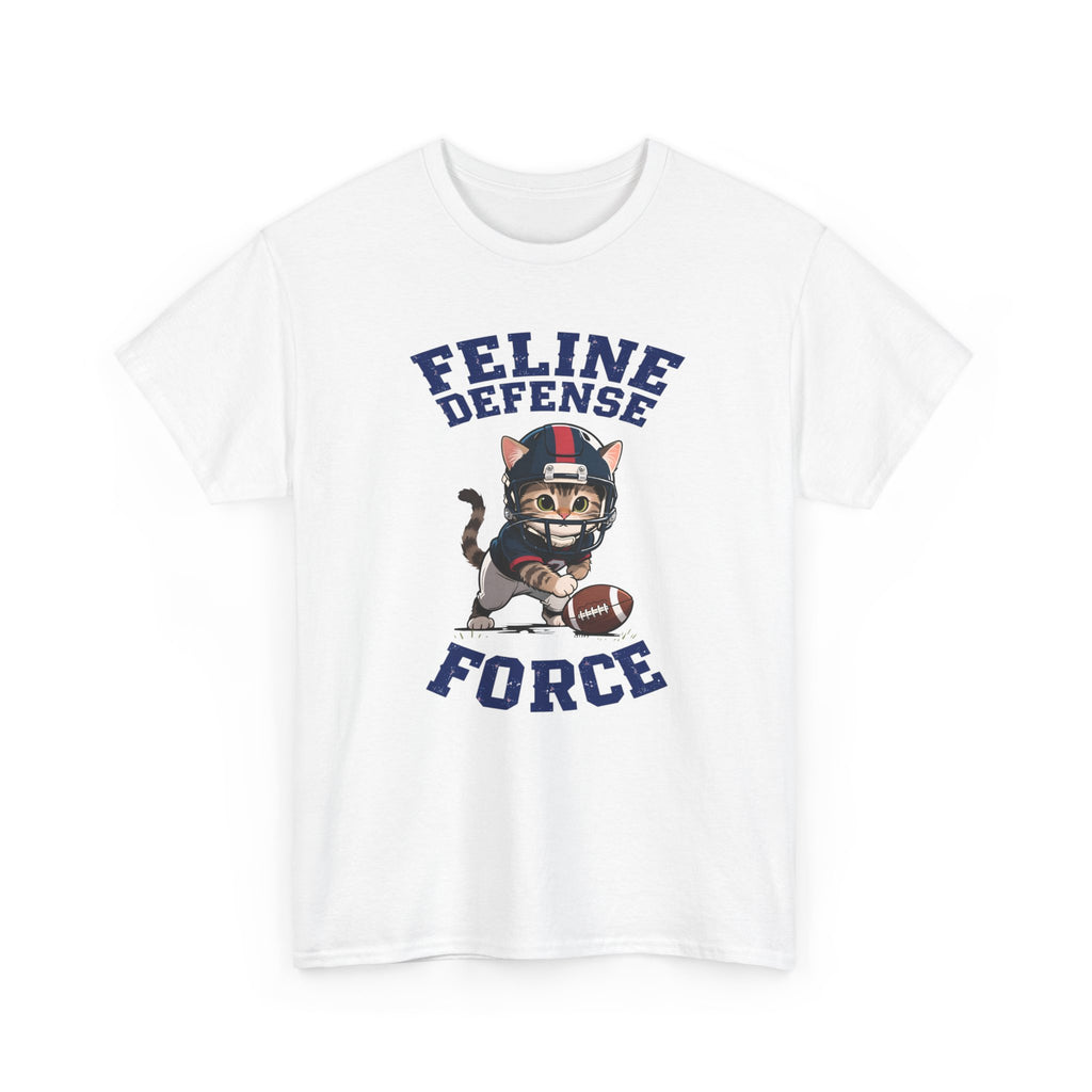 White t-shirt with a graphic of a cat wearing a football helmet and the text 'Feline Defense Force' on a white background.