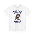 White t-shirt with a graphic of a cat wearing a football helmet and the text 'Feline Defense Force' on a white background.