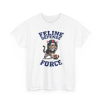 White t-shirt with a graphic of a cat wearing a football helmet and the text 'Feline Defense Force' on a white background.