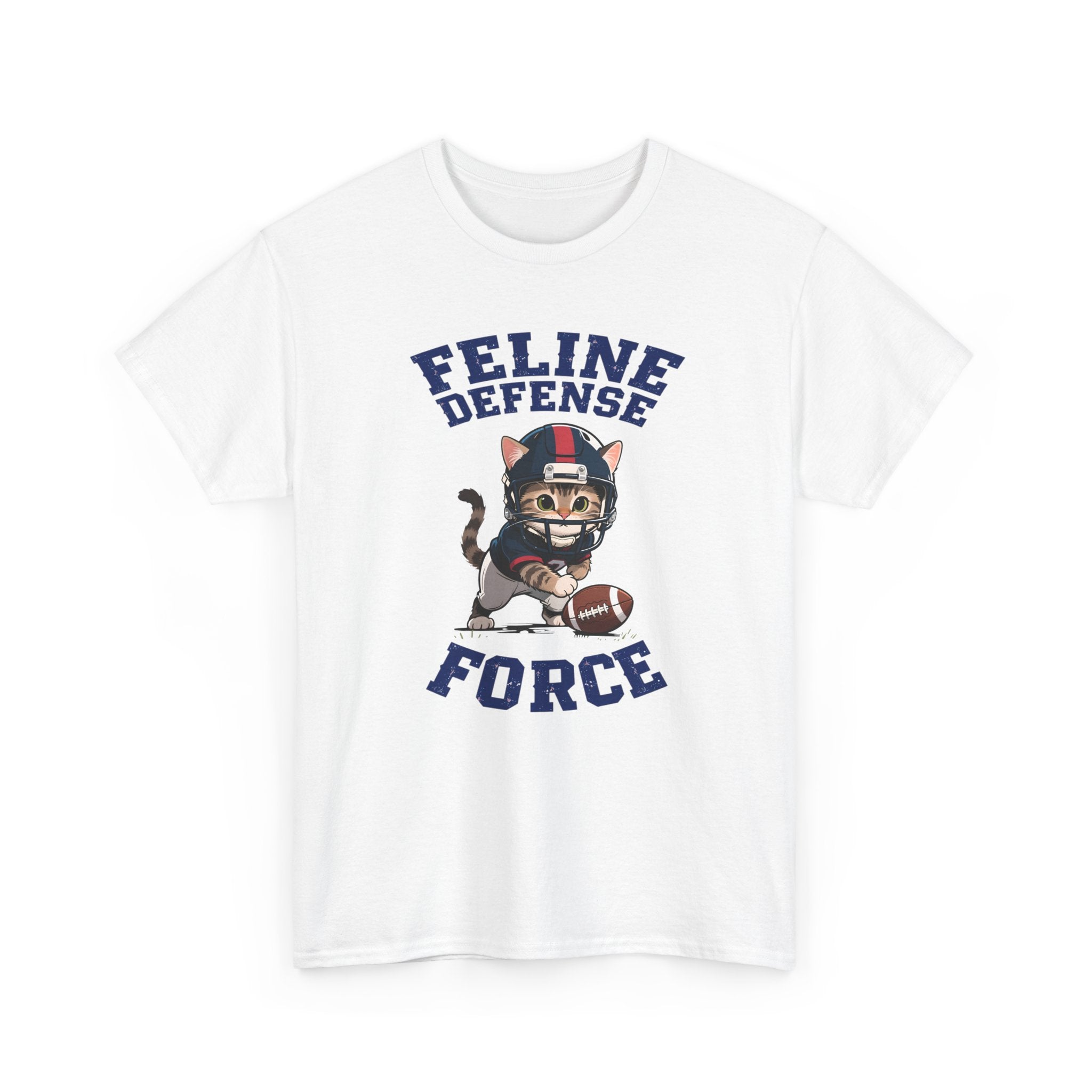 White t-shirt with a graphic of a cat wearing a football helmet and the text 'Feline Defense Force' on a white background.