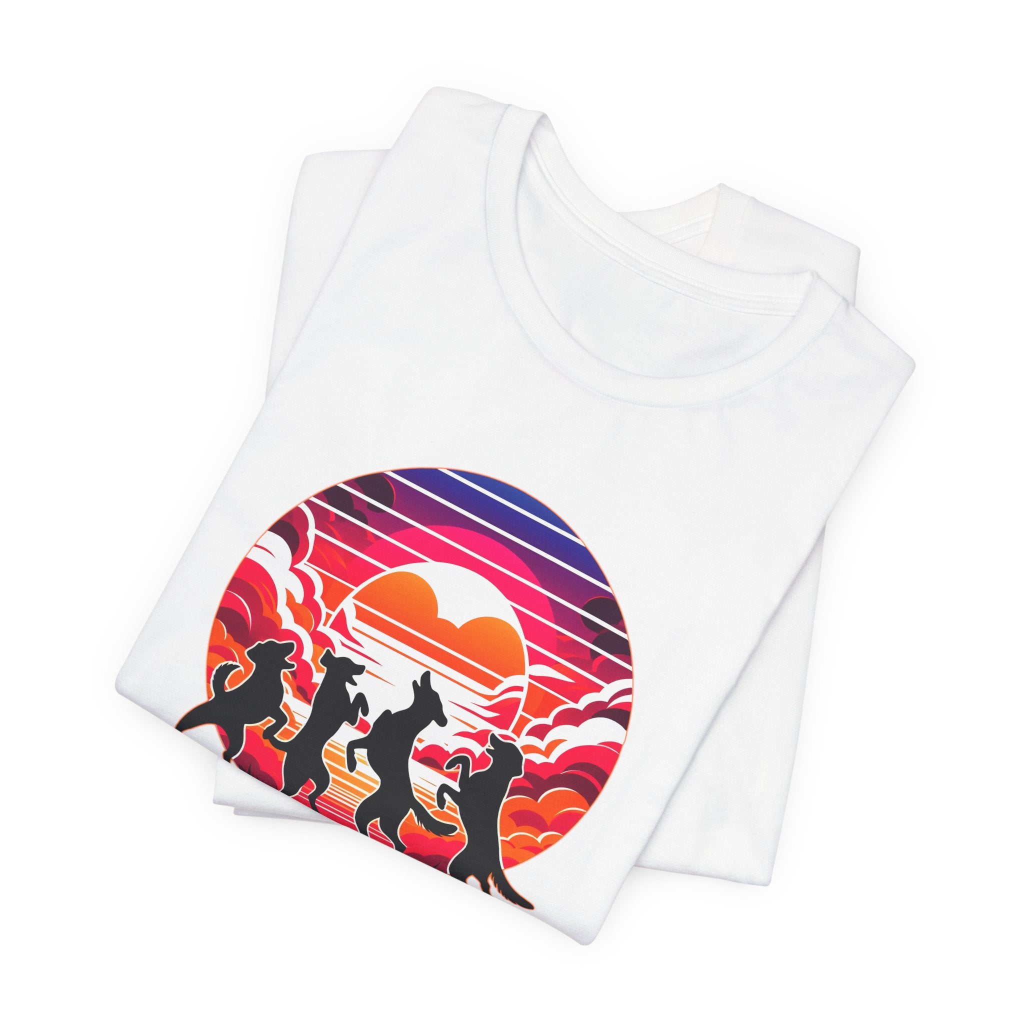 Retro Sunset Dancing Dogs T-Shirt — Vintage Rainbow Skyline Graphic Tee