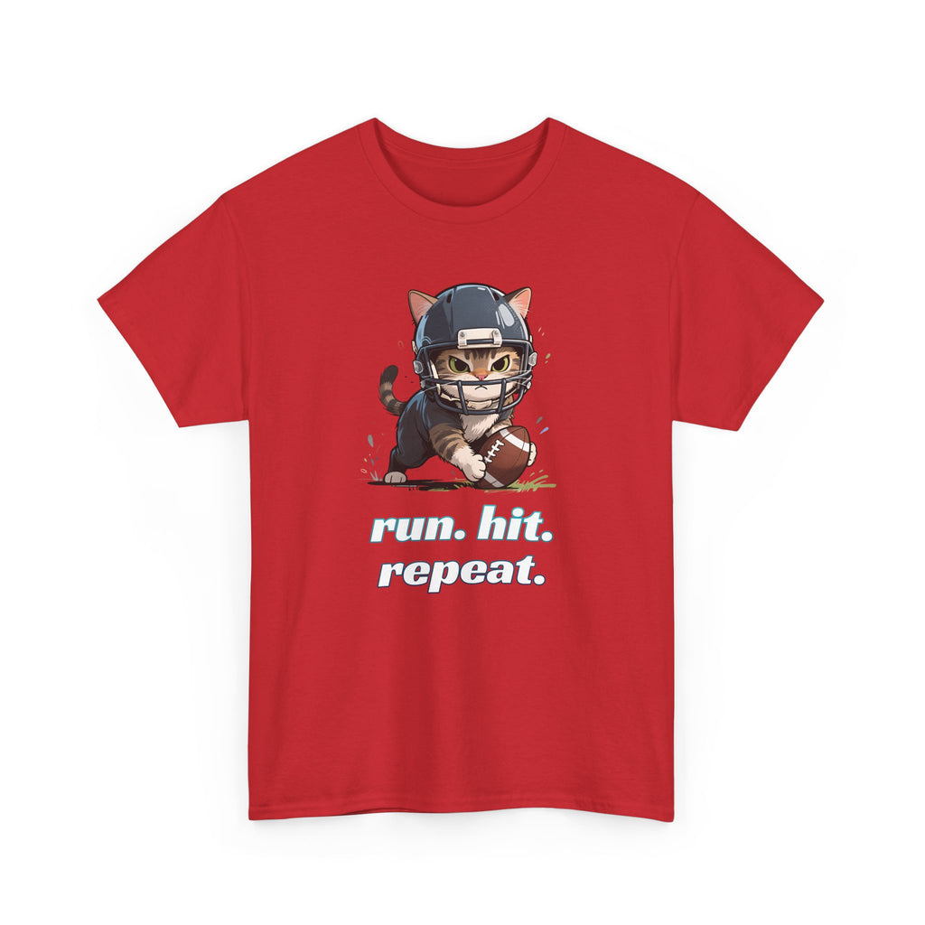 Funny Football Cat T-Shirt — "Run. Hit. Repeat." Cute Helmet Kitten Tee for Football Fans