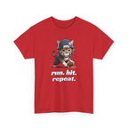 Funny Football Cat T-Shirt — "Run. Hit. Repeat." Cute Helmet Kitten Tee for Football Fans